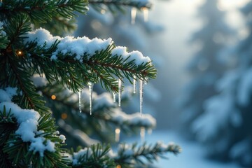 Fir tree with snowflakes and icicles hanging from the branches, Winter, Fir Tree, Light