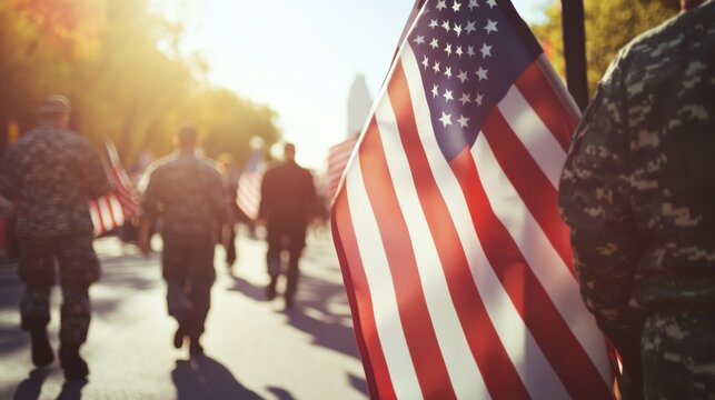 Veterans Day 2024 parade. Veterans marching with flags. Honoring service and sacrifice. Perfect for patriotic event decorations.