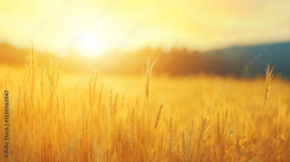 Poster golden hour in the wheat field: a serene and golden wheat field basks in the warm glow of a setting 