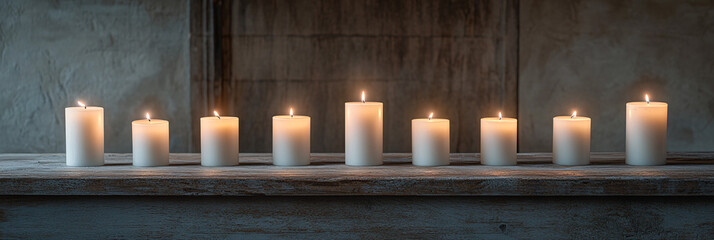 white candles burning on rustic wooden shelf