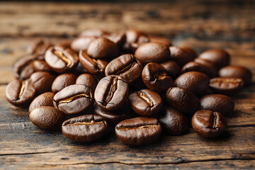 Naklejka premium Close-up View of Roasted Coffee Beans on Wooden Surface