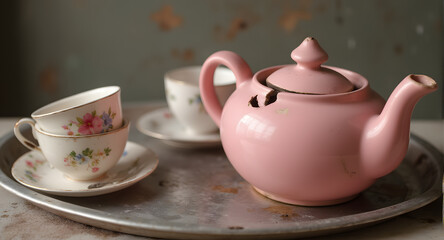 Fototapeta premium Vintage Pink Teapot and Teacups on Tray