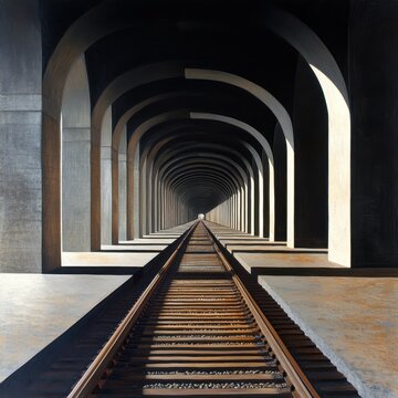 A long tunnel with a train track running through it
