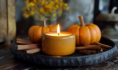 Cozy Autumn Ambiance with a Lit Candle and Pumpkins