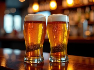 Clinking Beer Glasses in a Pub - Close Up