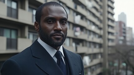 Fototapeta premium A man dressed in a tailored suit stands confidently in front of a contemporary apartment building. He gazes thoughtfully, reflecting the urban atmosphere of the city