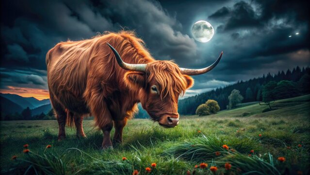 Night's embrace: long-haired red cattle quietly graze, a captivating low-light scene.