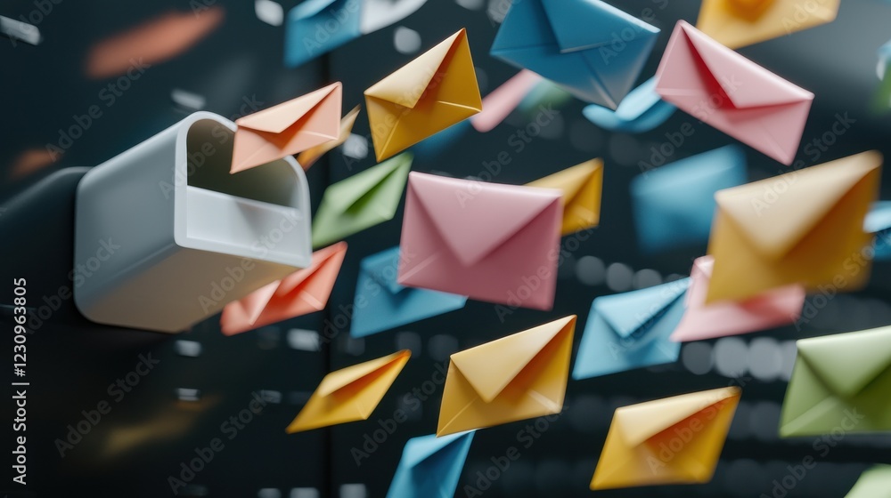 Poster A digital mailbox with envelopes flying in and out, symbolizing email communication