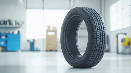 Car Tire Standing Upright in Auto Workshop, Modern Garage Equipment 