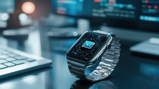 A glowing email notification on a smartwatch, with a blurred office background