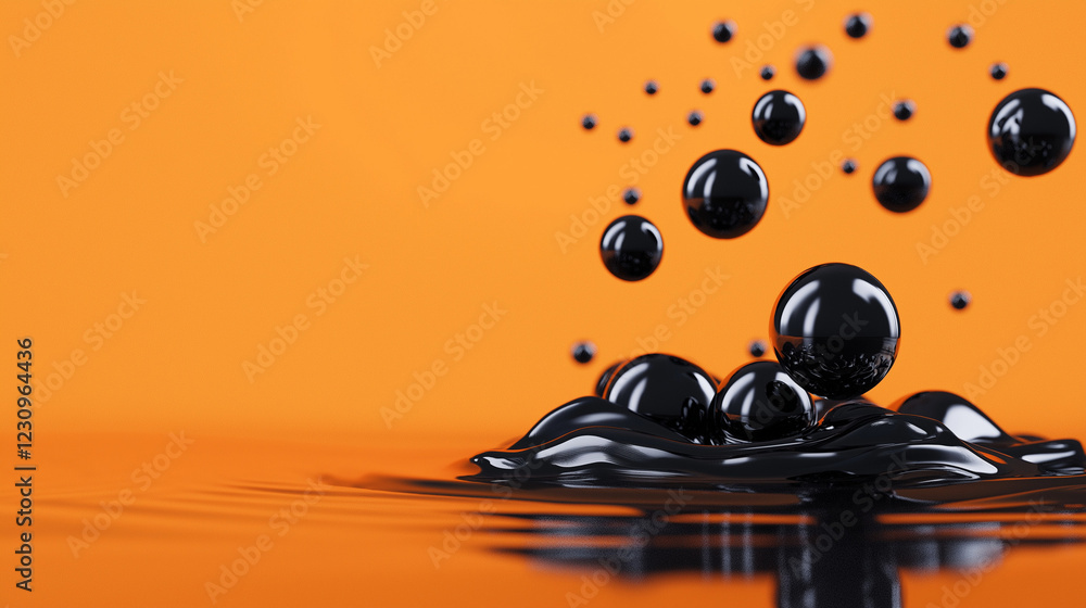 Aufkleber black liquid droplets on orange: abstract image of black liquid droplets falling and accumulating on