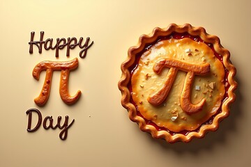 Realistic Golden Pie with Pi Symbol Carved on Crust and Modern Pi Day Typography