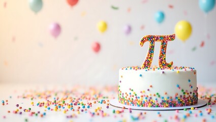 White Festive Cake with Candy Sprinkles Forming Pi Symbol and Decorative Gradient Background