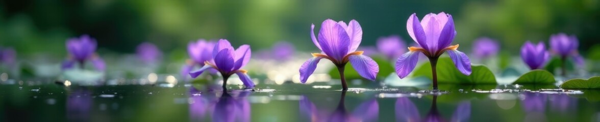 majestic purple blooms rising from the water's surface in a picturesque pond, calming, serene scene, irises © tpadobestock