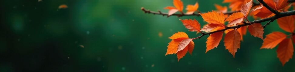 Fototapeta premium Mandarin tree branch with water droplets and fallen leaves on a dark green background, fall, nature, tree