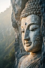 Serene Buddha Cliffside Sunrise, China, Meditation