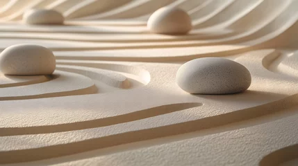 Zen Stones on Raked Sand with Sunlight - A Study in Balance and Harmony