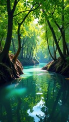 River currents swaying mangrove trees and branches, leaves, mangroves