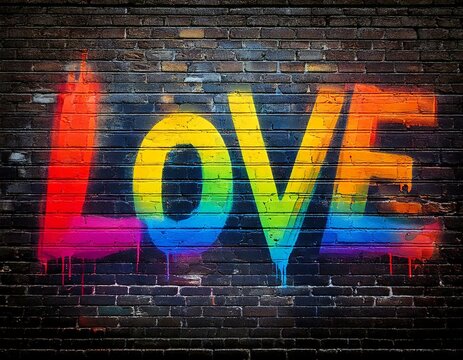 Naklejki the word love graffiti style spray paint on a brick wall art urban grunt style 