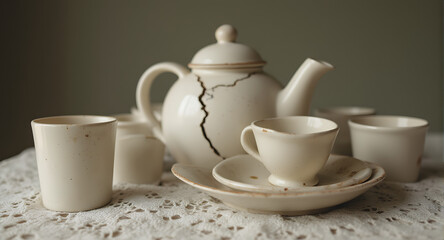 Fototapeta premium Cracked Teapot and Teacups on Lace Tablecloth