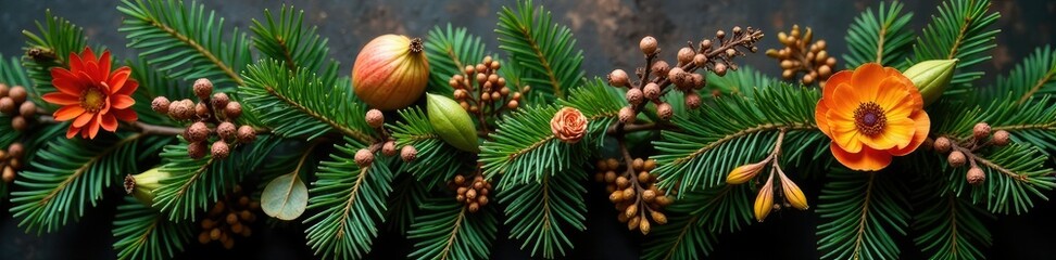Rustic fir tree branch arrangement with dried flowers, forest, nature