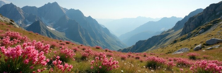 Fototapeta premium Rugged mountain terrain dotted with wildflowers, pink, earthy