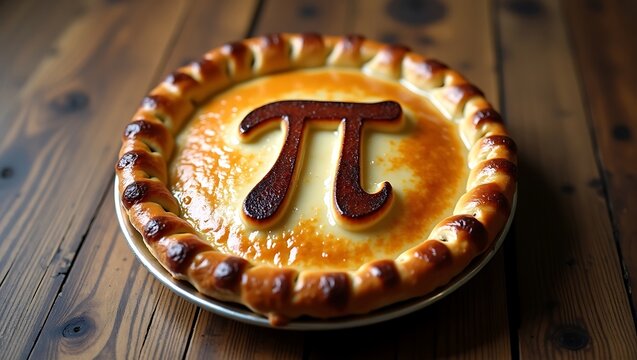 Rustic Wooden Table with Freshly Baked Pie Embossed with Pi Symbol on Crust