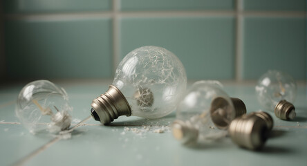 Cracked Glass Light Bulbs on Teal Tile Background