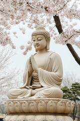 Serene Buddha statue, cherry blossoms, temple garden, spring