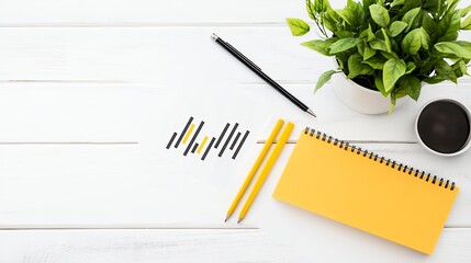 Minimalist Workspace Setup With Yellow Notepad And Coffee