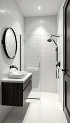Simple bathroom with black shower round mirror, shower, cleanliness, white tiles