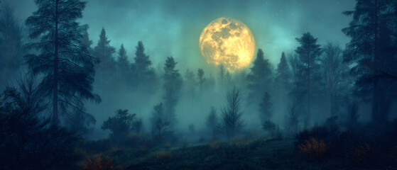 Fototapeta premium Enchanting Moonlit Forest with Mist and Bare Trees