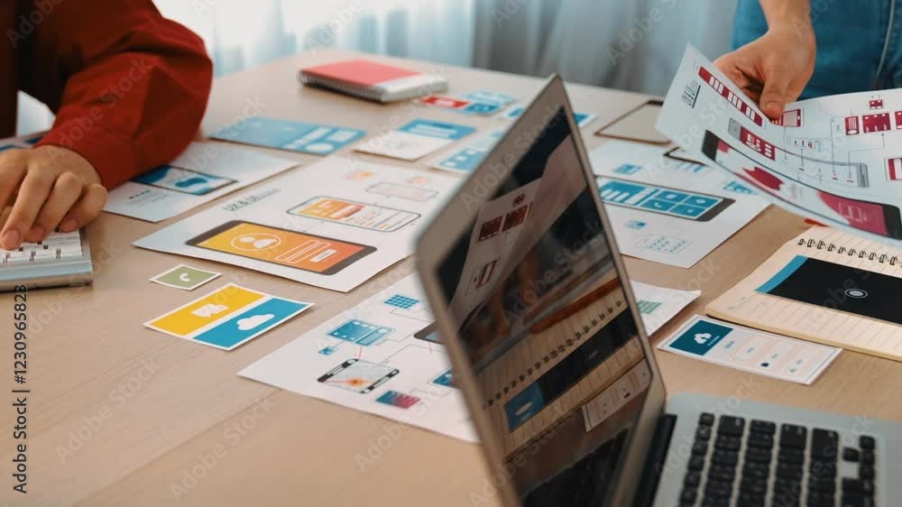 Poster panorama video of startup company employee planning on user interface prototype for mobile applicati