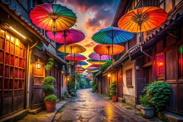Rainy season sunset bathes a China Town alleyway in vivid hues; colorful umbrellas punctuate historic architecture.