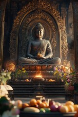 Fototapeta premium Serene Buddha statue in temple, sunrise, offerings