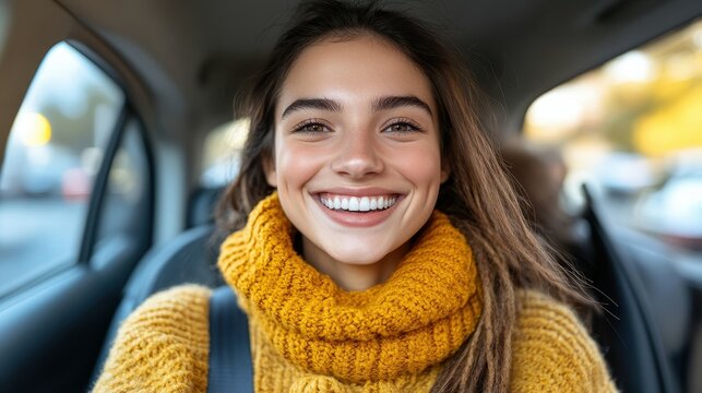A cheerful young woman wearing a cozy yellow sweater enjoys her time in a car, radiating happiness as the sun shines through the windows