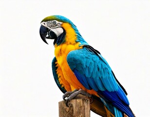 Fototapeta premium Blue and Yellow Macaw, Ara Ararauna, perched on pole in front of