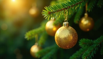 Sparkling gold balls dangle on a evergreen tree limb, gold, tree