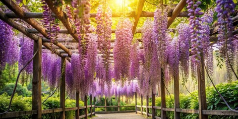 Naklejka premium Rule of Thirds perfectly frames stunning purple wisteria draped across a park trellis.