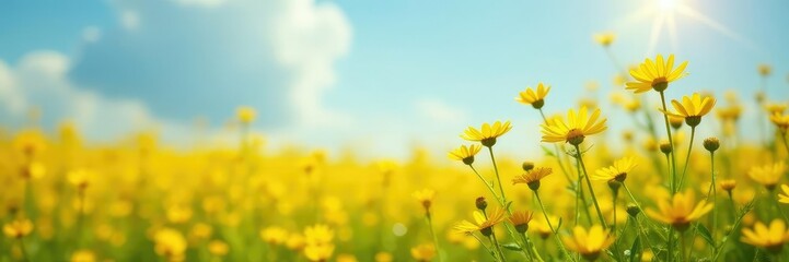 Fototapeta premium Sunshine yellow wildflowers sway gently in the breeze, flowers, nature, field