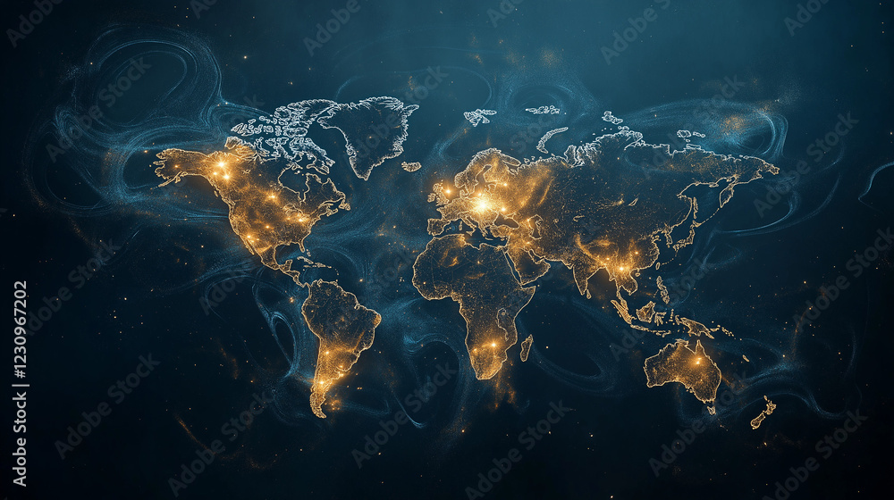 Poster global network: an abstract illustration of the world map, depicted with glowing lines and points of