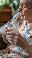 Elderly woman holding a glass of water.