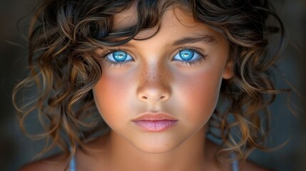 Fototapeta premium A young child with vibrant blue eyes and curly hair stares directly at the viewer. The soft lighting highlights her delicate features, creating an enchanting atmosphere