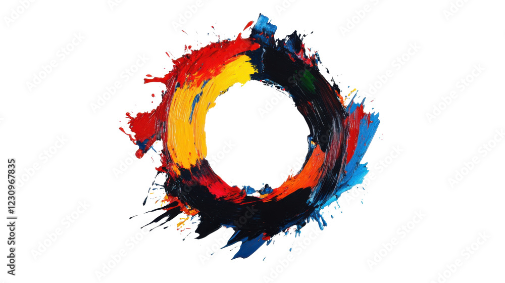 Poster colorful paint stroke creating a circular frame on transparent background
