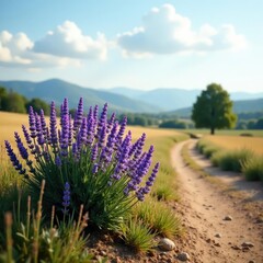 Fototapeta premium A lone lavender bush in full bloom amidst a quiet landscape, solitude, rustic