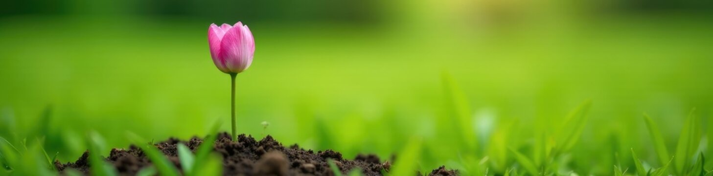 A lone tuberose flower bud pokes through the soil in a verdant grassland, landscape, green, stem