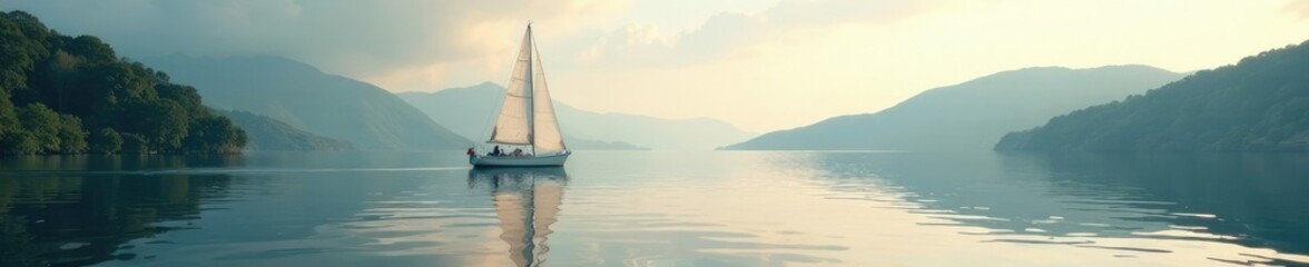 Fototapeta premium A sailboat glides across the lake's surface calm, sailing, boats, gentle