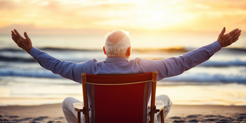 Fototapeta premium Elderly Man Sitting by the Ocean, Embracing Life and Freedom at Sunset