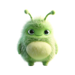 Fluffy 3D Cartoon Alien Plush Toy - Green Fuzzy Monster with Big Eyes Isolated on Transparent Background