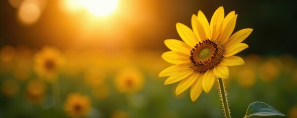 Obraz premium A single golden sunflower rising from the shadows, warm, glow